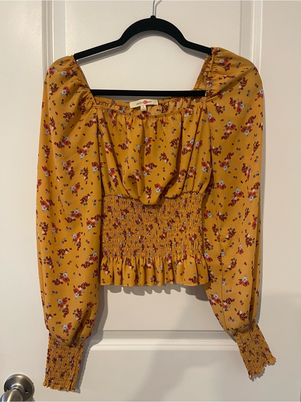 Wishful Park Mustard Floral Smocked Peasant Blouse